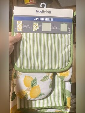True Living 4-Piece Kitchen Set bright yellow lemon/green stripe pattern